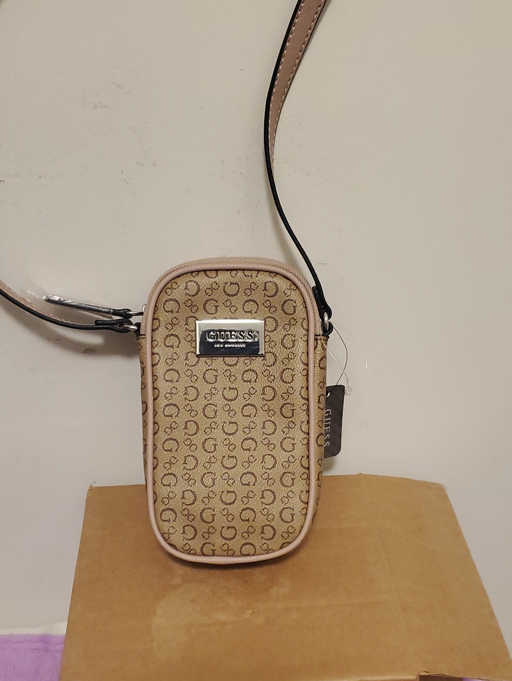 GUESS Beige Monogram Phone Crossbody with Pale Nude Trim